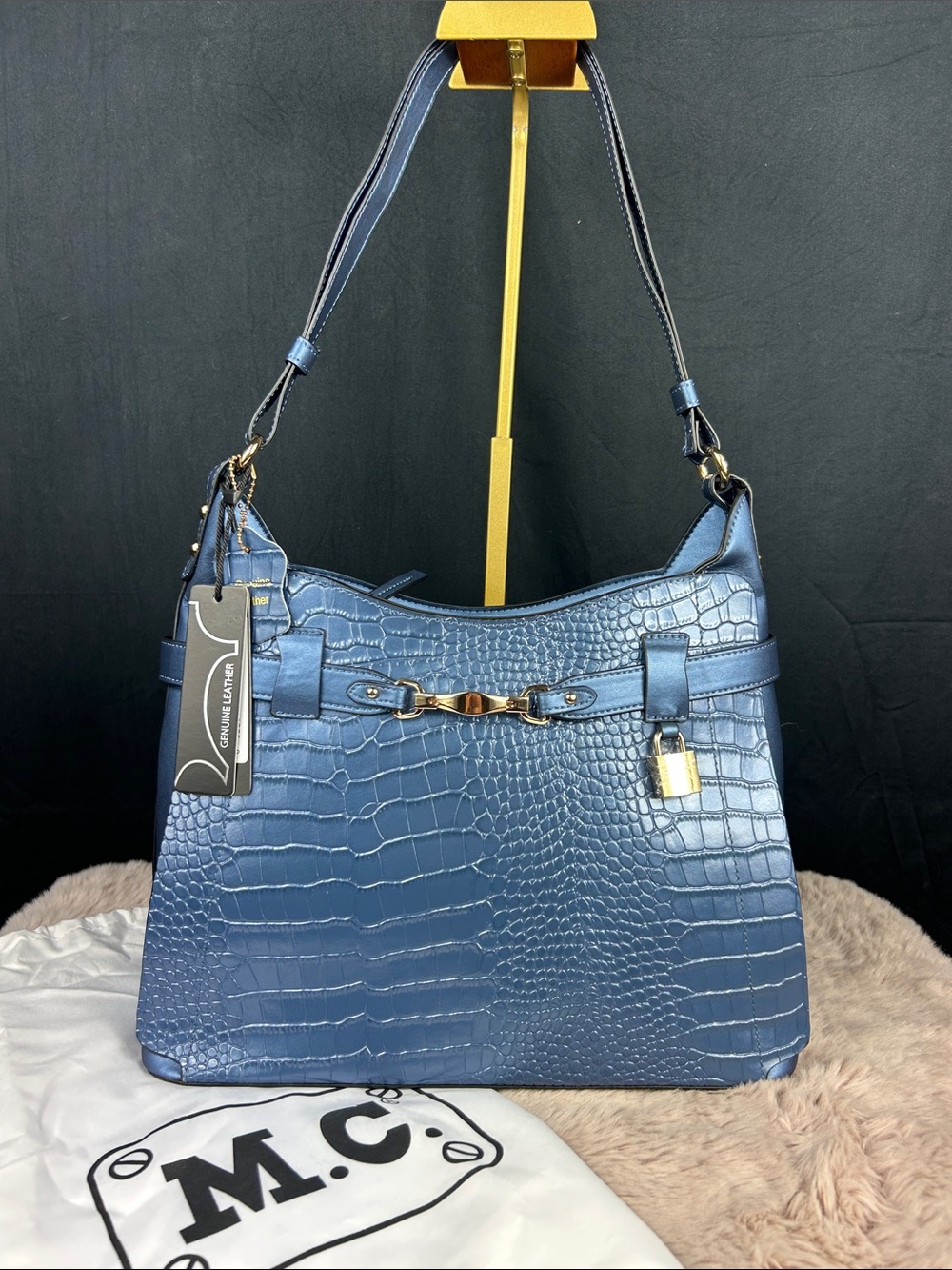 M.C. NWT Genuine Leather Croc Embossed Shoulder Bag Pearl Navy